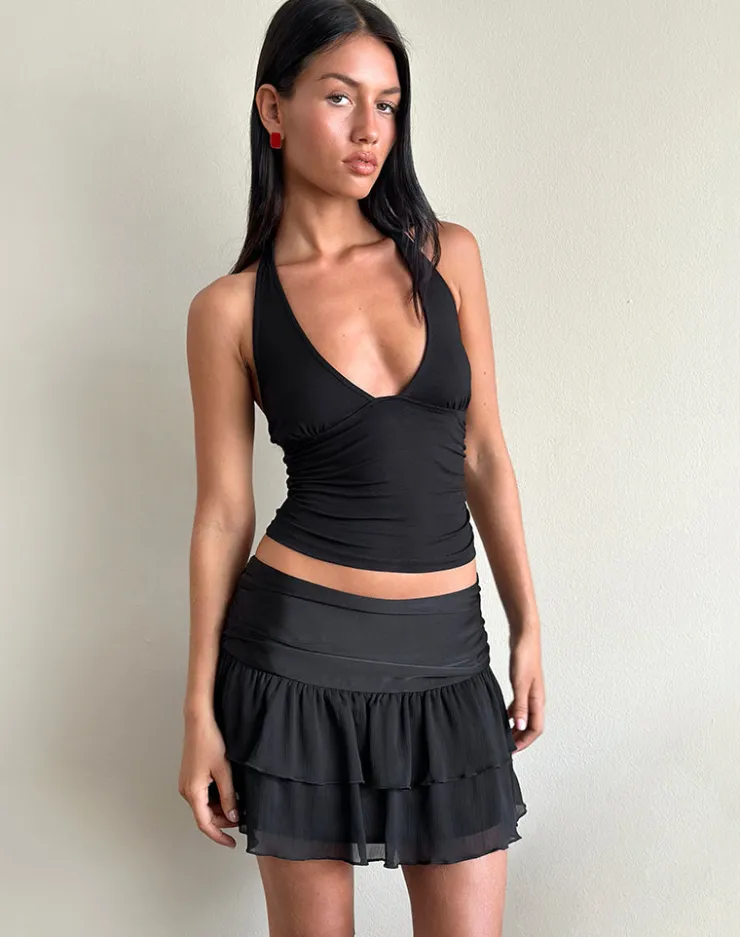 Women Motel Rocks Mini Skirts | Masama Frill Mini Skirt in Black Satin and Chiffon