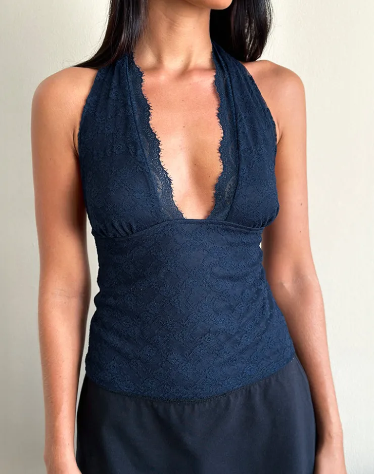 Women Motel Rocks Halterneck Tops | Lace Tops | Matua Halter Top in Clover Lace Navy