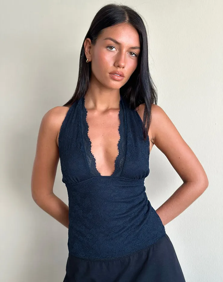 Women Motel Rocks Halterneck Tops | Lace Tops | Matua Halter Top in Clover Lace Navy