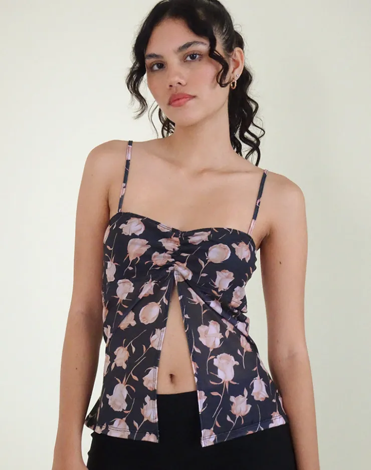 Women Motel Rocks Printed Tops | Strappy Tops | Megumi Top in Falling Rose Jet Black