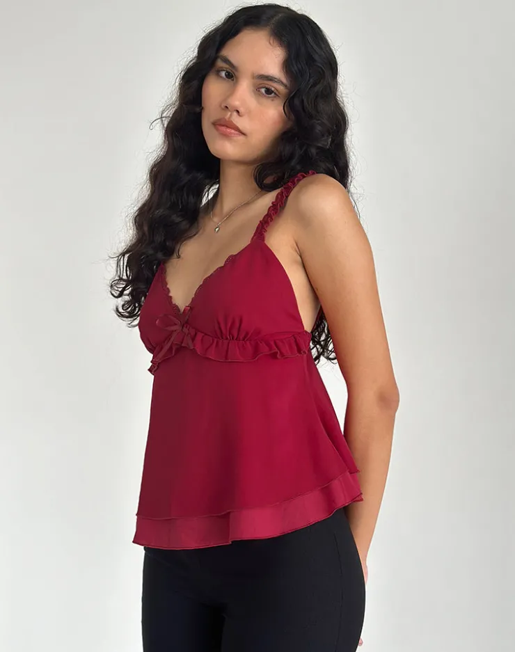 Women Motel Rocks Strappy Tops | Going Out Tops | Melinda Frill Cami Top in Chiffon Deep Red