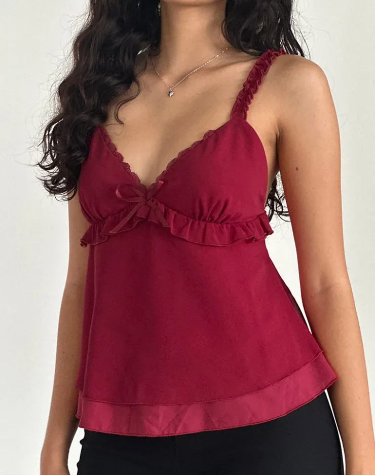 Women Motel Rocks Strappy Tops | Going Out Tops | Melinda Frill Cami Top in Chiffon Deep Red