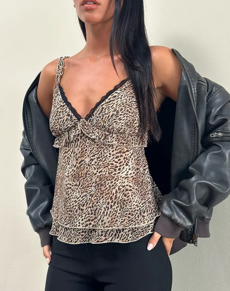 Women Motel Rocks Printed Tops | Strappy Tops | Melinda Frill Cami Top in Chiffon Leopard