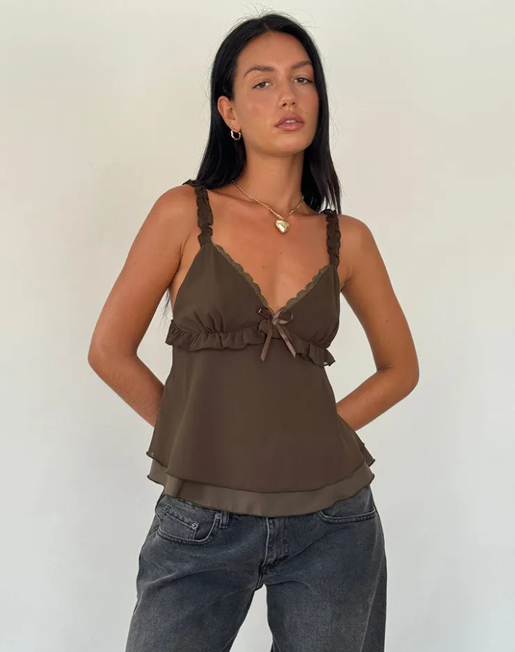 Women Motel Rocks Strappy Tops | Going Out Tops | Melinda Frill Cami Top in Chiffon Olive