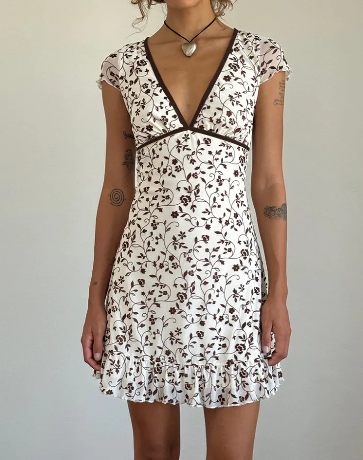 Women Motel Rocks Printed Dresses | Day Dresses | Melva Mini Dress in Brown Stem Flower Flock