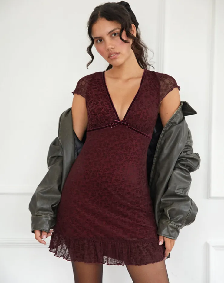 Women Motel Rocks Mini Dresses | Melva Mini Dress in Ditsy Flock Burnt Maroon