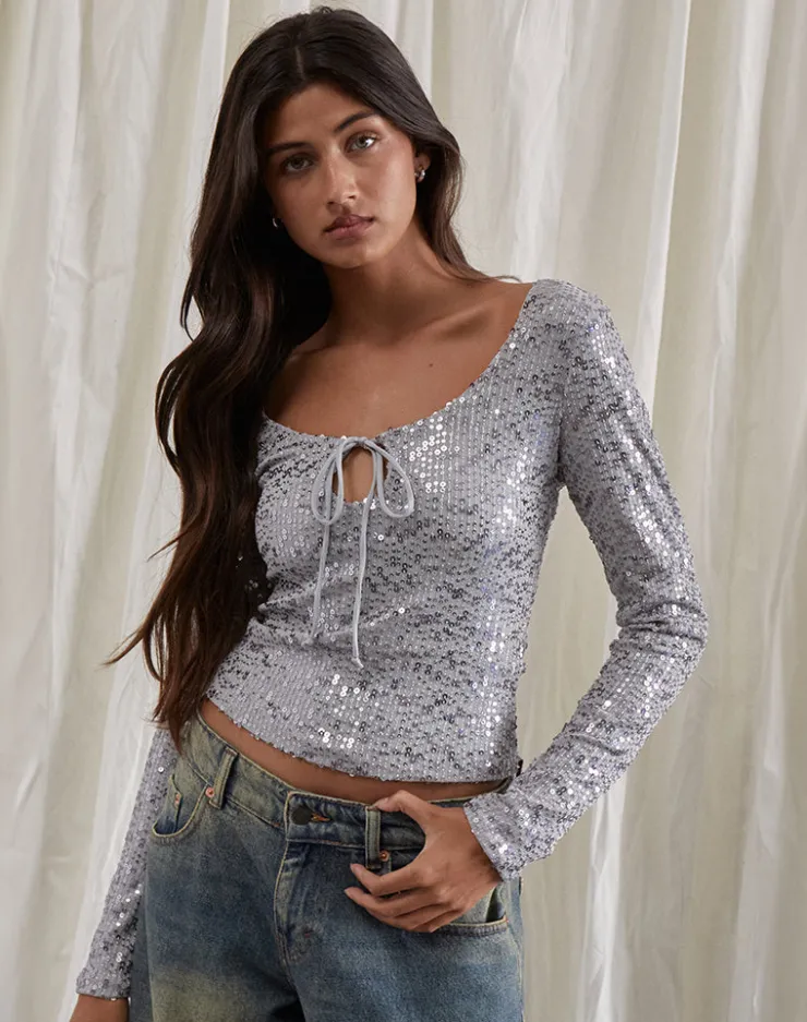 Women Motel Rocks Sequin Tops | Long Sleeve Tops | Meraga Tie Front Top in Silver Sequin