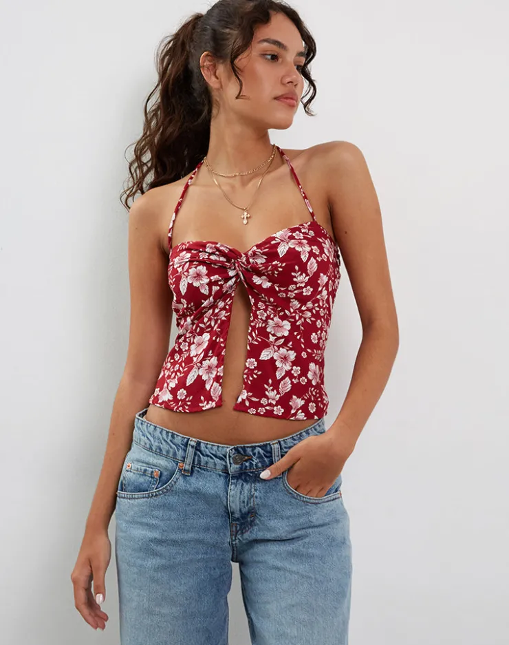 Women Motel Rocks Printed Tops | Strappy Tops | Metra Twist Front Top in Berry Blush Floral