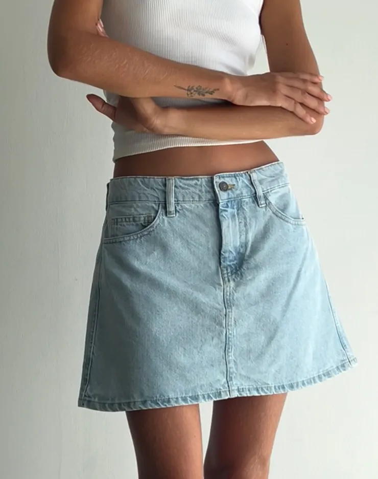 Women Motel Rocks A Line Skirts | Denim Skirts | Mini A-Line Skirt in Denim Blue Bleach