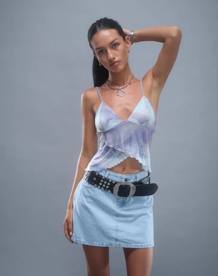 Women Motel Rocks A Line Skirts | Denim Skirts | Mini A-Line Skirt in Denim Blue Bleach