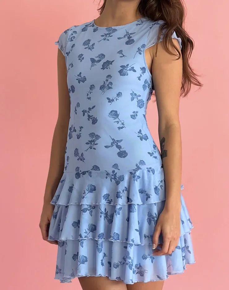 Women Motel Rocks Printed Dresses | Day Dresses | Mirtilo Mini Dress in Inky Blue Floral Mesh