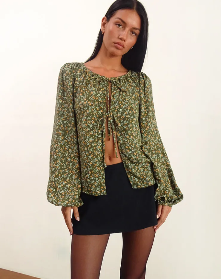 Women Motel Rocks Printed Tops | Long Sleeve Tops | Modeta Tie Top in Grunge Floral Khaki