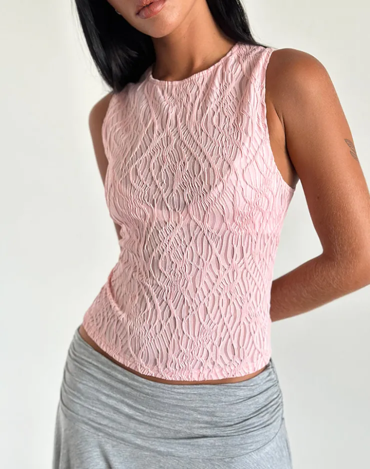 Women Motel Rocks Vest Tops | Monelo Textured Mesh Top in Sheer Pink