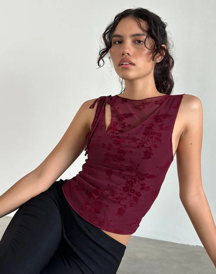 Women Motel Rocks Vest Tops | Going Out Tops | Moni Vest Top in Botanical Flower Maroon