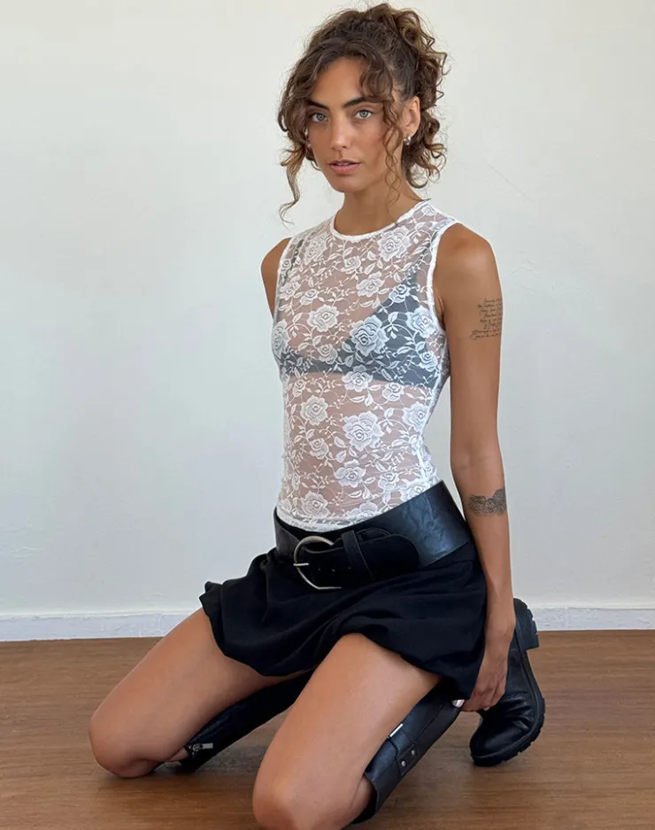 Women Motel Rocks Vest Tops | Lace Tops | Monlo Unlined Top in Ivory Big Rose Lace