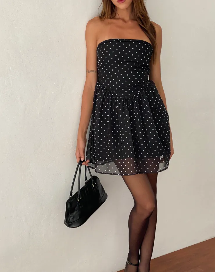 Women Motel Rocks Printed Dresses | Bandeau Dresses | Murni Bandeau Mini Dress in Polka Black Chiffon