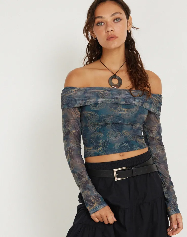 Women Motel Rocks Printed Tops | Long Sleeve Tops | Nagini Long Sleeve Bardot Top in Tonal Blue Paisley