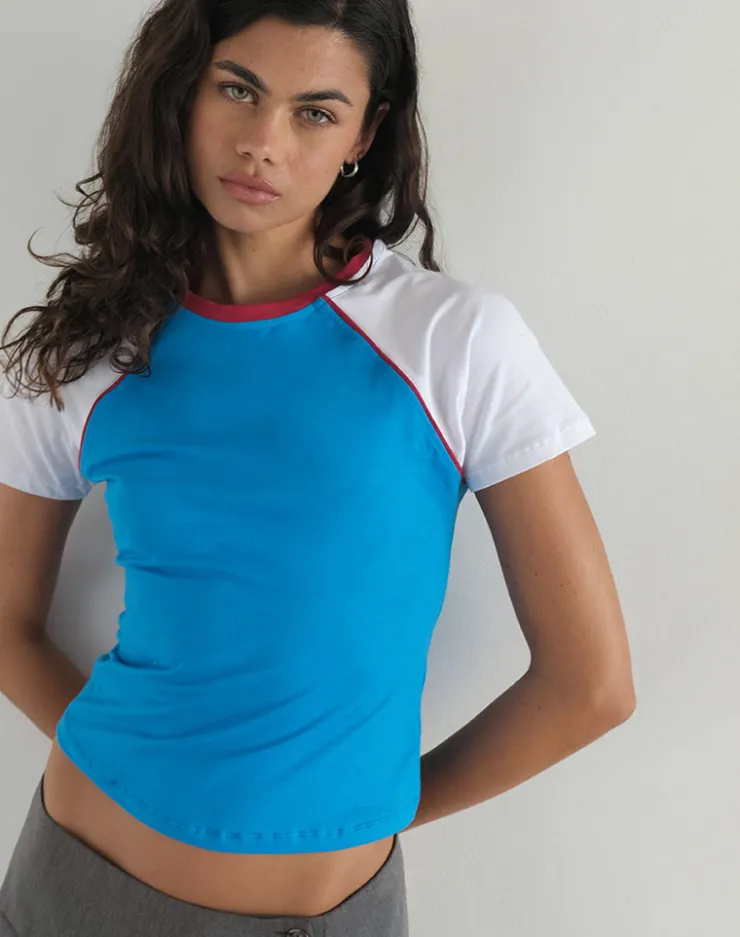 Women Motel Rocks Basic Tops | Tees | Nagita Racer Top in Aqua Blue with Red Binding