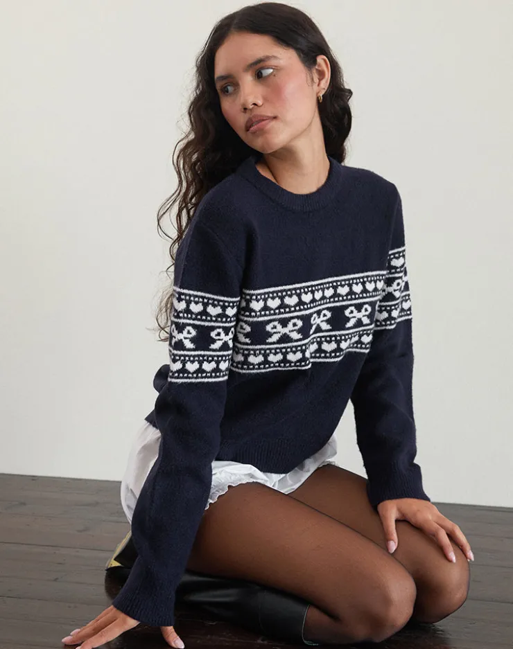 Women Motel Rocks Jumpers | Namirta Knitted Jumper in Peacoat with Fairisle Bow