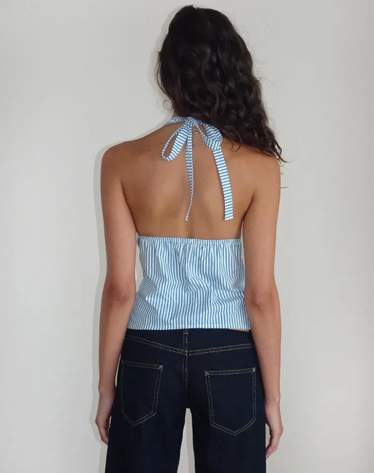 Women Motel Rocks Halterneck Tops | Going Out Tops | Nandu Top in Poplin Blue Small Vertical Stripe