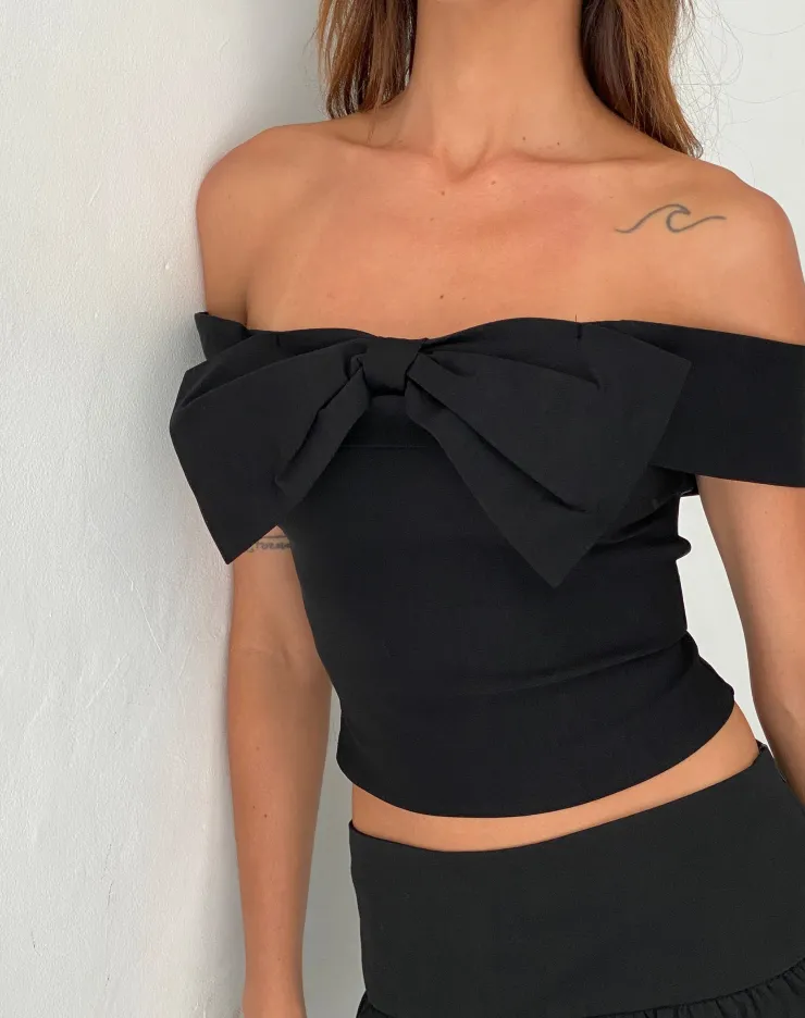 Women Motel Rocks Crop Tops | Going Out Tops | Naras Bow Front Bardot Top in Black Tailoring