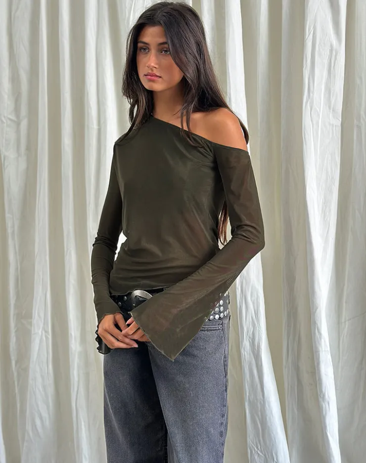 Women Motel Rocks Bandeau Tops | Long Sleeve Tops | Narcissa Asymmetric Long Sleeve Top in Mesh Dark Olive