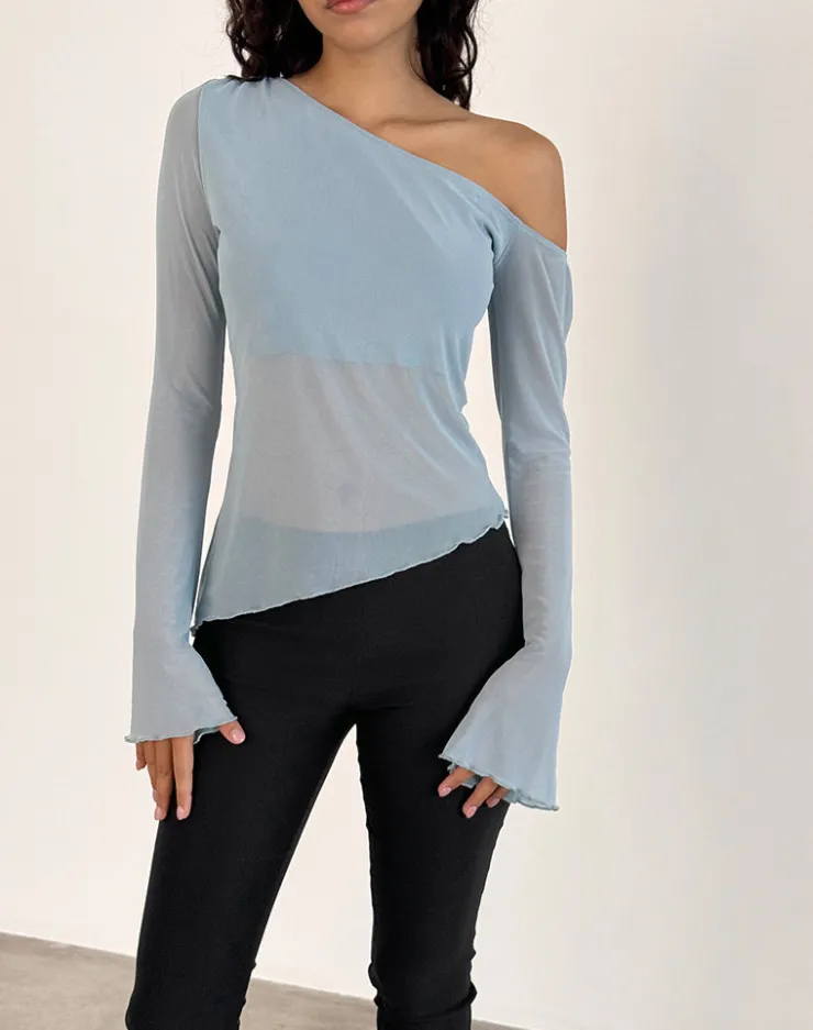 Women Motel Rocks Long Sleeve Tops | Going Out Tops | Narcissa Asymmetric Long Sleeve Top in Mesh Light Blue