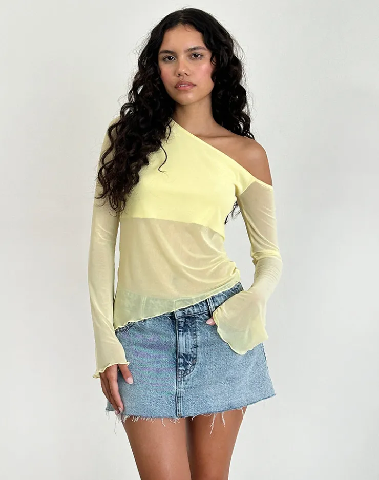 Women Motel Rocks Long Sleeve Tops | Going Out Tops | Narcissa Asymmetric Top in Mesh Lemon