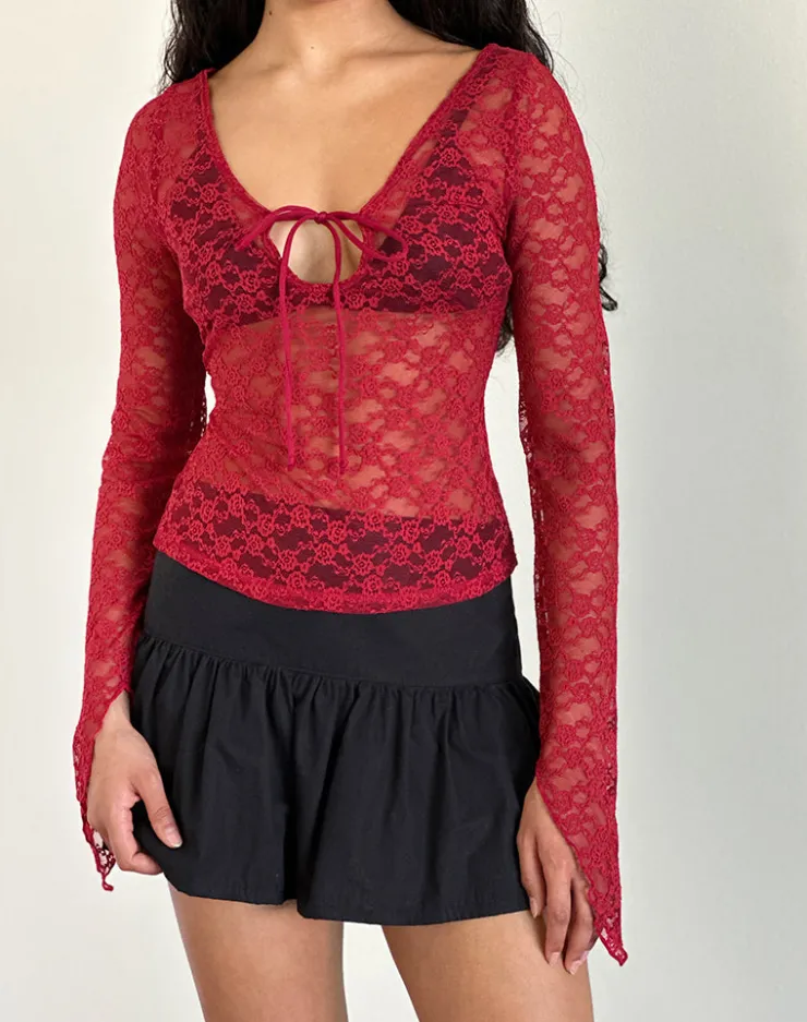 Women Motel Rocks Long Sleeve Tops | Lace Tops | Natasha Tie Front Top in Mari Lace Red