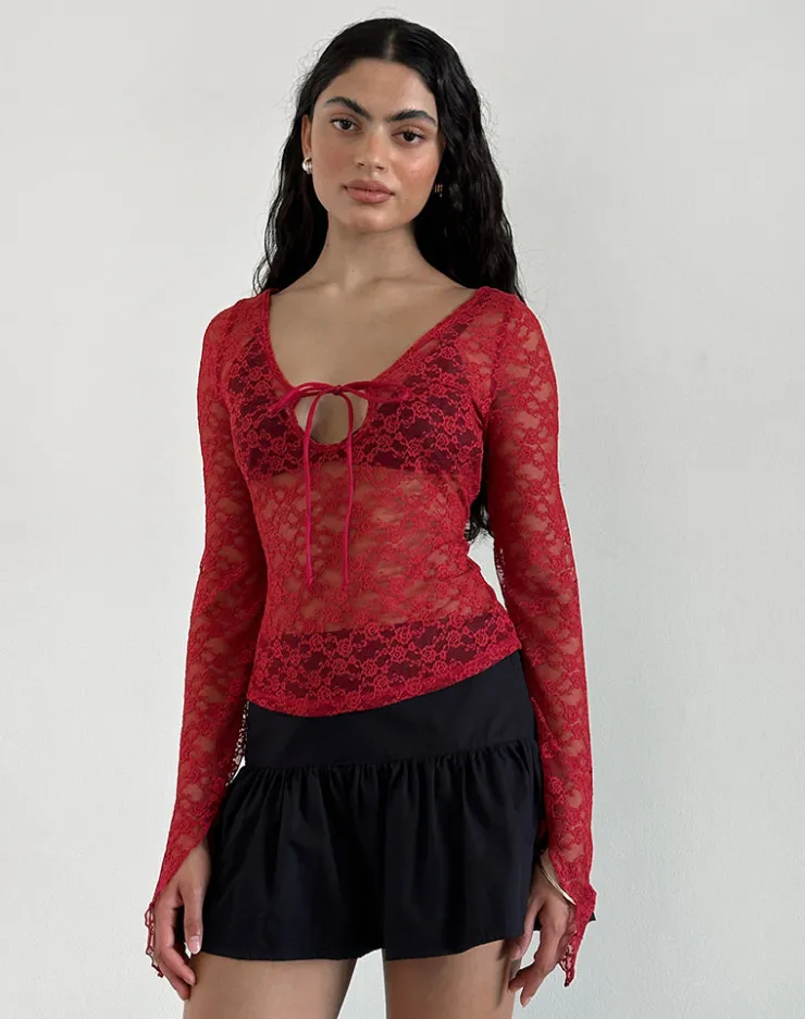 Women Motel Rocks Long Sleeve Tops | Lace Tops | Natasha Tie Front Top in Mari Lace Red