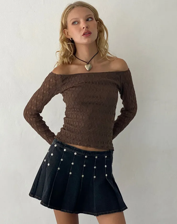 Women Motel Rocks Long Sleeve Tops | Neira Long Sleeve Bardot Top in Textured Knit Mocha