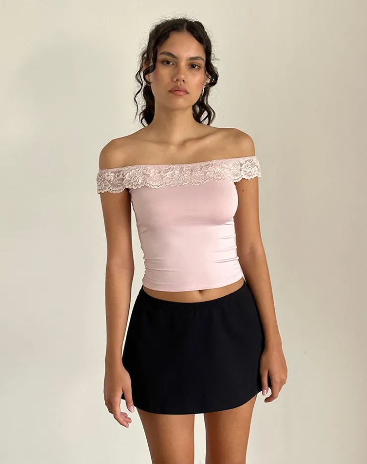 Women Motel Rocks Lace Tops | Going Out Tops | Nesel Bardot Top in Slinky Baby Pink