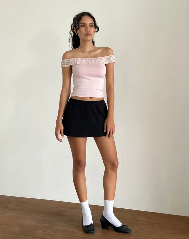 Women Motel Rocks Lace Tops | Going Out Tops | Nesel Bardot Top in Slinky Baby Pink