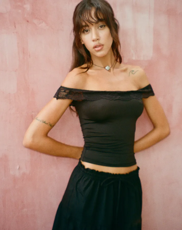 Women Motel Rocks Basic Tops | Nesel Bardot Top in Slinky Lace Black