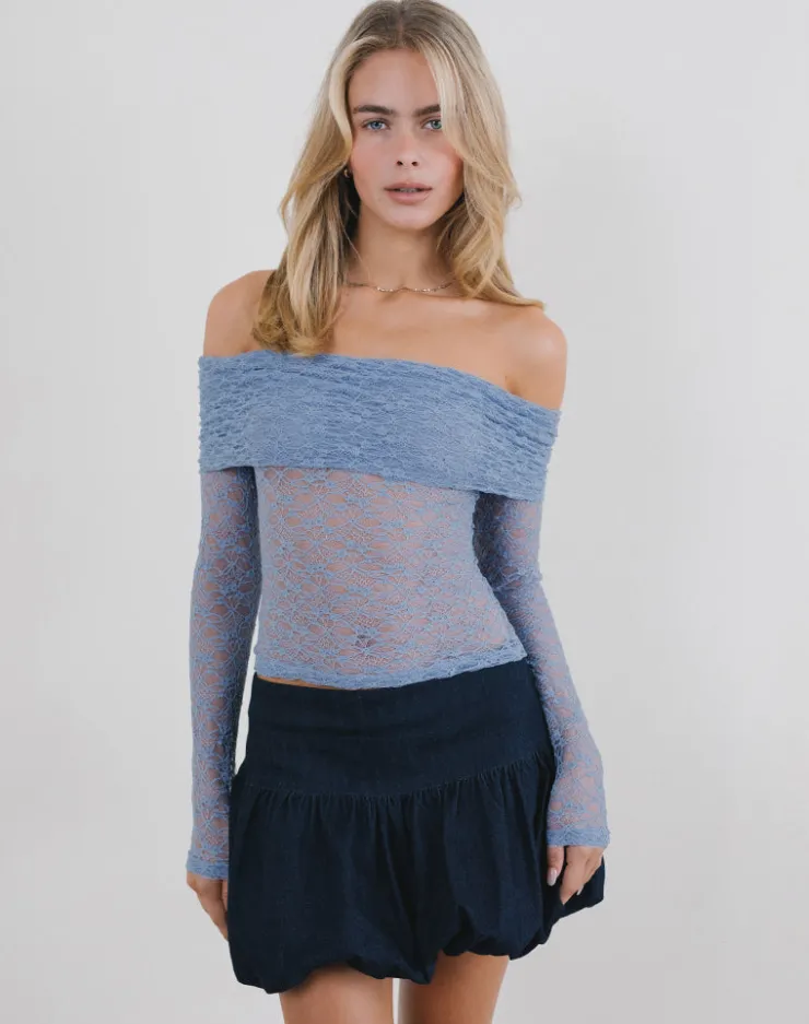 Women Motel Rocks Bandeau Tops | Long Sleeve Tops | Nesta Bardot Top in Unlined Lace Blue