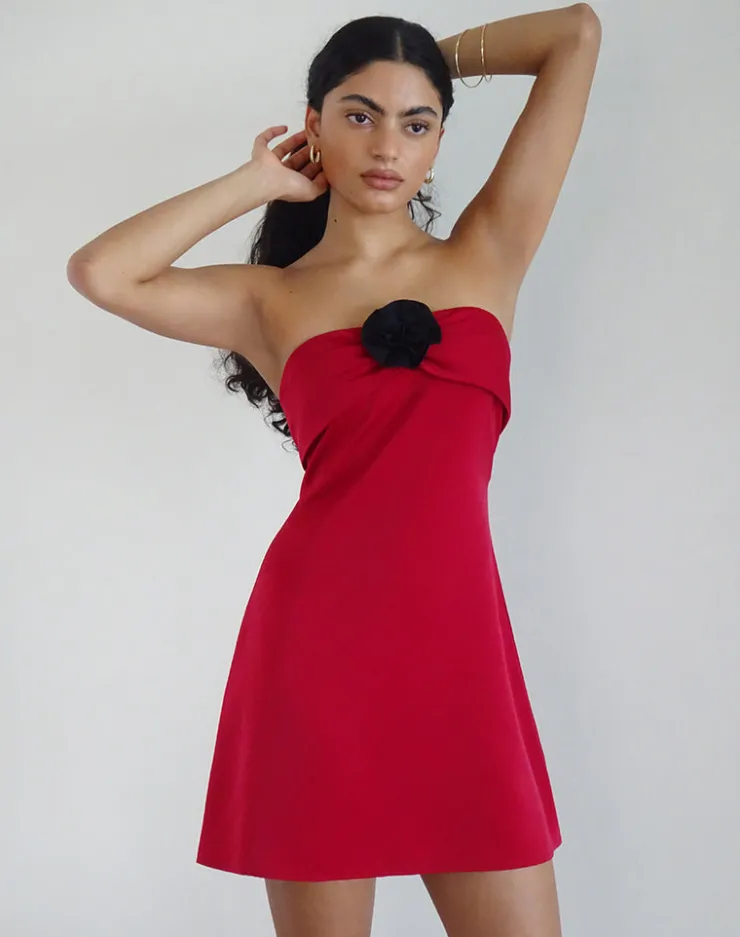 Women Motel Rocks Bandeau Dresses | Bodycon Dresses | Ninivala Dress in Red with Black Rosette