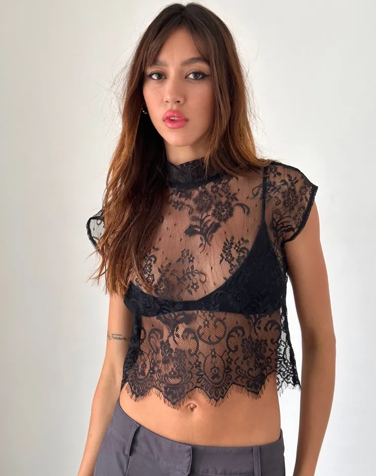 Women Motel Rocks Going Out Tops | Nioly Unlined Top in Black Eyelash Lace