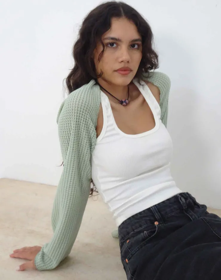 Women Motel Rocks Basics | Basic Tops | Nobila Shrug Top in Sage Textured Crochet