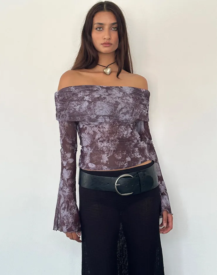 Women Motel Rocks Printed Tops | Long Sleeve Tops | Noelle Bardot Top in Botanic Sketch Purple