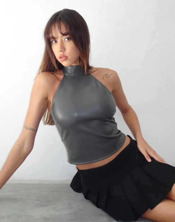 Women Motel Rocks Vest Tops | Going Out Tops | Noena High Neck Top in PU Slate Grey