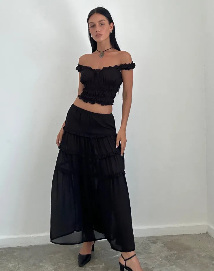 Women Motel Rocks Maxi Skirts | Norah Tiered Maxi Skirt in Black Chiffon