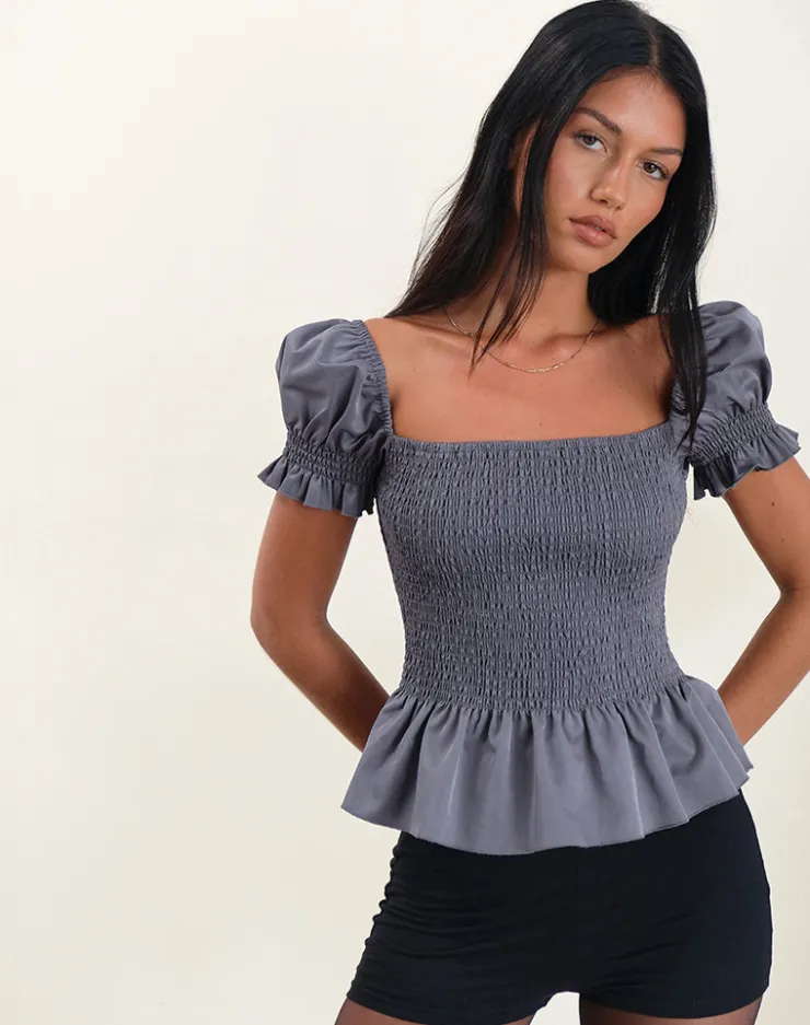 Women Motel Rocks Tailoring | Notina Puff Sleeve Top in Shirred Grey