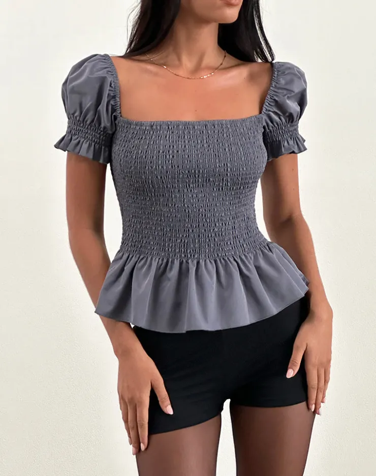 Women Motel Rocks Tailoring | Notina Puff Sleeve Top in Shirred Grey