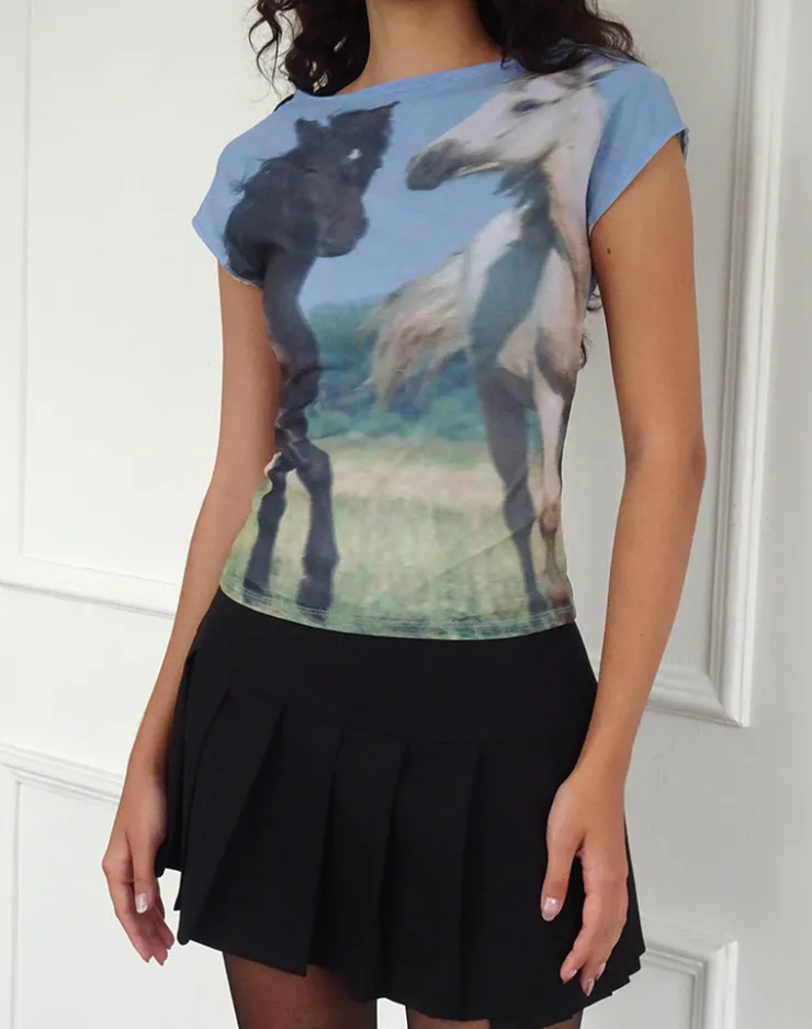 Women Motel Rocks Printed Tops | Tees | Nova Top in Blue Mesh Horses Print