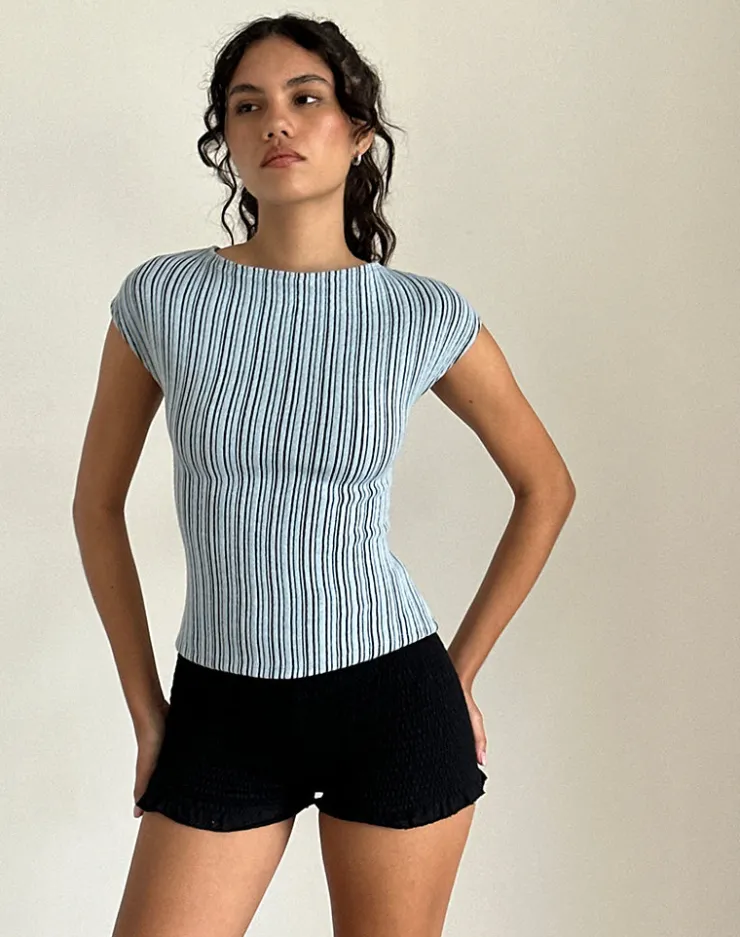 Women Motel Rocks Basic Tops | Printed Tops | Nova Top in Jersey Blue and Black Stripe