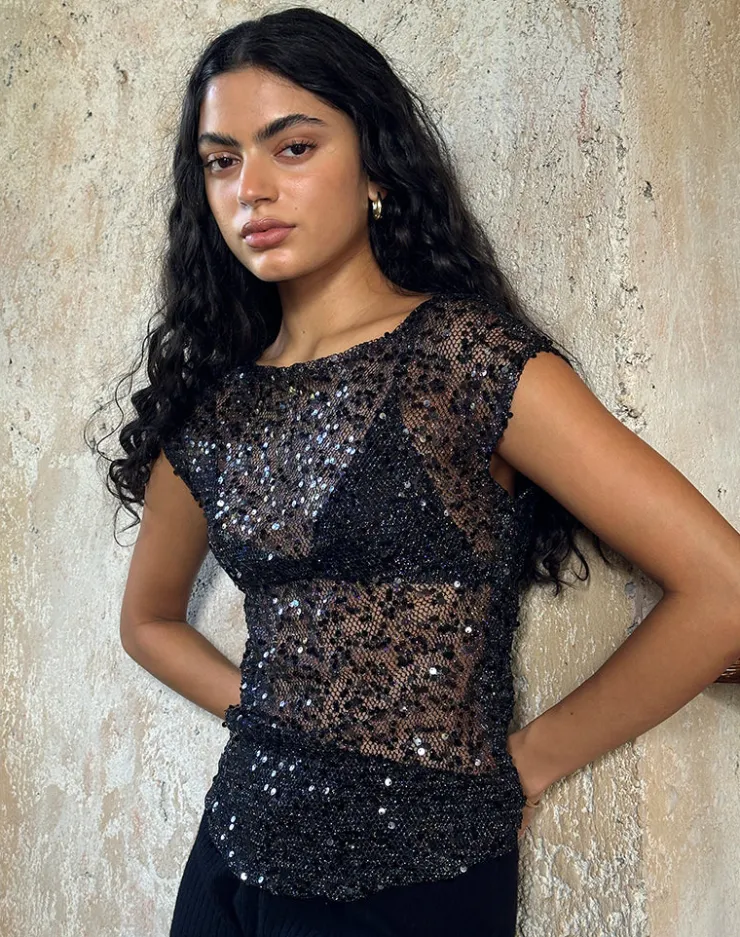 Women Motel Rocks Co-ords | Sequin Tops | Nova Top in Sequin Mesh Black