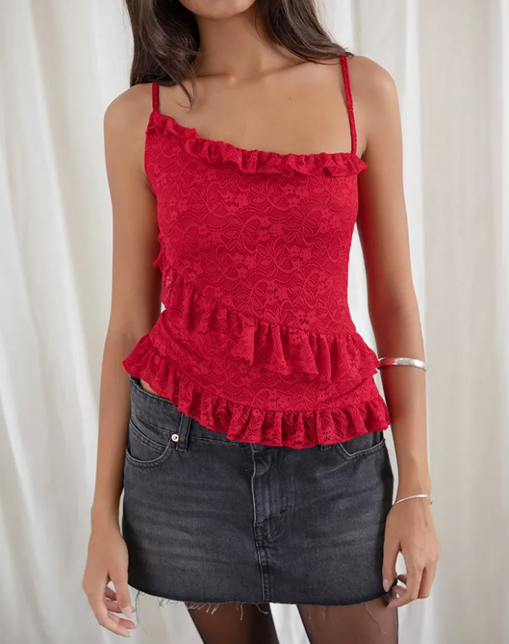 Women Motel Rocks Strappy Tops | Going Out Tops | Octavia Asymmetric Cami Top in Lace Red