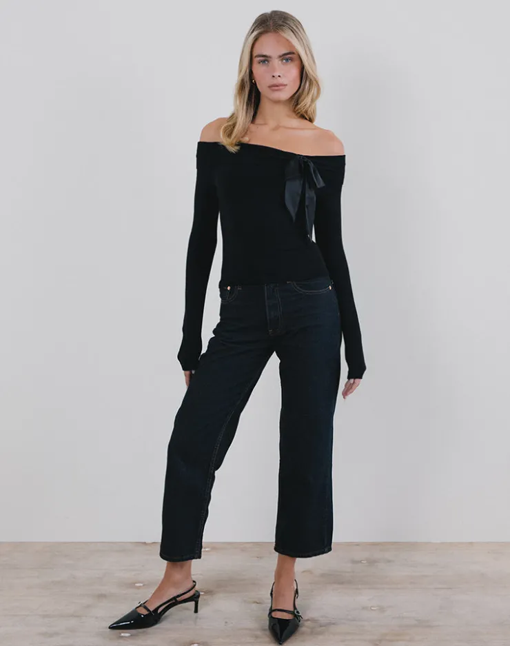 Women Motel Rocks Basic Tops | Bandeau Tops | Orianne Bardot Top in Knit Black with Satin Bow