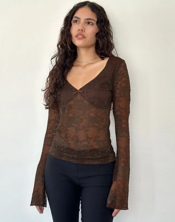 Women Motel Rocks Long Sleeve Tops | Orphee Long Sleeve Lace Top in Brown