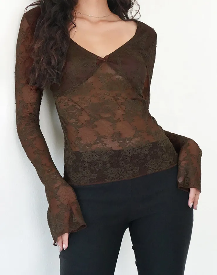 Women Motel Rocks Long Sleeve Tops | Orphee Long Sleeve Lace Top in Brown